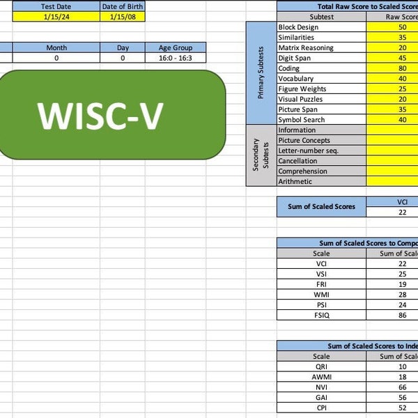 Plantilla de puntuación automática WISC-V (escala de inteligencia de Weschsler para niños, quinta edición) - americano/inglés