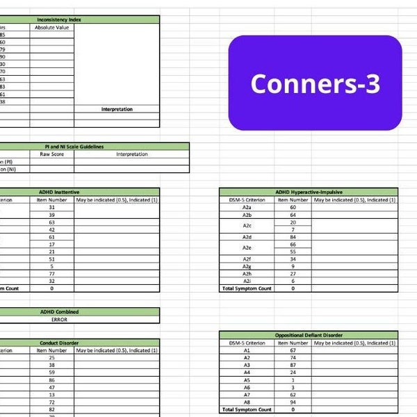 Conners-3 Autoscoring Template for self-report, parent report and teacher report with bonus comparison graph