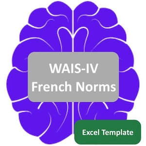 Puede incluir: Un gráfico de cerebro morado con el texto "WAIS-IV French Norms" en un rectángulo gris. Un rectángulo verde en la parte inferior dice "Excel Template". La imagen está sobre un fondo blanco.