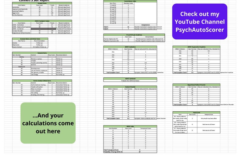 Conners-3 Autoscoring Template for self-report, parent report and teacher report with bonus comparison graph image 4