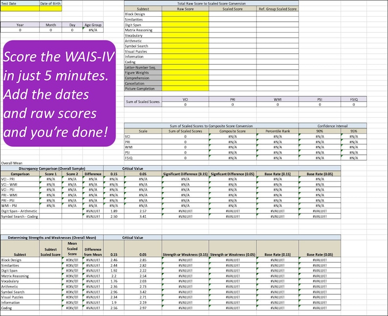 WAIS-IV Autoscoring Template Wechsler Adult Intelligence Scale Fourth Edition American/English image 1