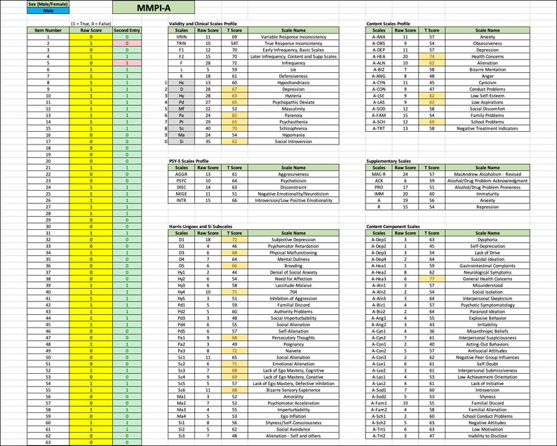 MMPI-A Autoscoring Template Minnesota Multiphasic Personality Inventory-Adolescent American/English image 3