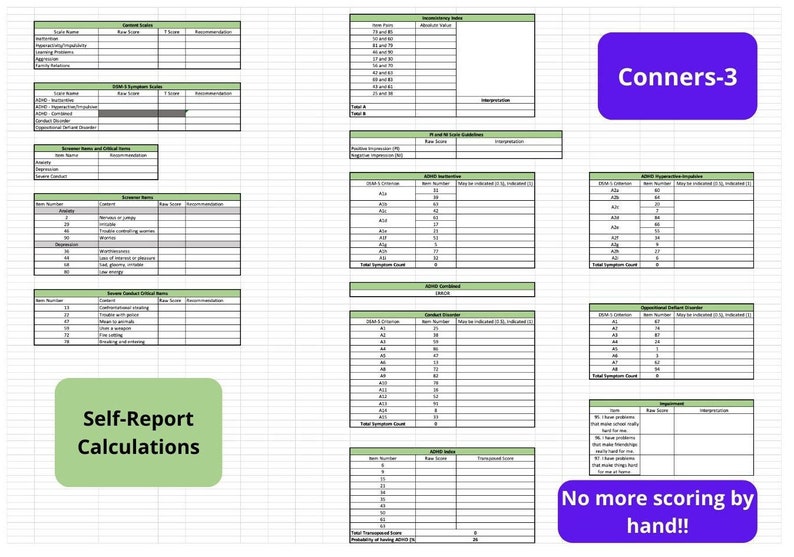 Conners-3 Autoscoring Template for self-report, parent report and teacher report with bonus comparison graph image 1