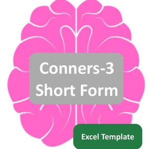 Puede incluir: Un gráfico de cerebro rosa con el texto "Conners-3 Short Form" en un rectángulo gris. Debajo del cerebro hay un rectángulo verde con el texto "Excel Template".
