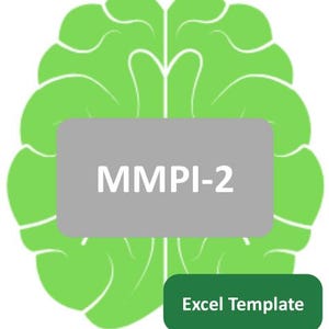 Op de afbeelding: Een groene hersengrafiek met de tekst "MMPI-2" in een grijze rechthoek. Daaronder staat in een groene, afgeronde rechthoek "Excel Template". De afbeelding is ontworpen voor educatief of professioneel gebruik, mogelijk gerelateerd aan psychologie of data-analyse.