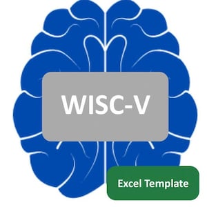 Puede incluir: Un gráfico de cerebro azul con el texto "WISC-V" en blanco sobre un rectángulo gris. Debajo, un rectángulo verde dice "Excel Template". La imagen está sobre un fondo blanco.