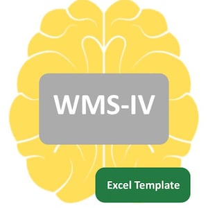May include: A yellow brain graphic with a grey rectangle in the centre displaying "WMS-IV" in white text. Below, a green rectangle reads "Excel Template". The image is on a white background.