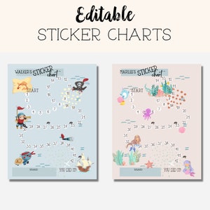 May include: Two printable sticker charts for kids featuring a pirate and a mermaid theme. Each chart has a start and finish line with numbers 1-42. The pirate chart has a treasure chest, a pirate ship, and a turtle. The mermaid chart has a seashell, a starfish, and an octopus.