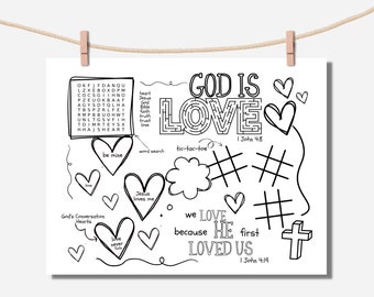 Christian Valentine's Day Activity Sheet for Kids, Scripture Valentine, Kids Valentine Coloring Activity, Printable Valentine PDF, Placemat