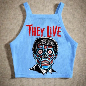 Halter azul gráfico, top corto, top de terror, halter de Halloween.