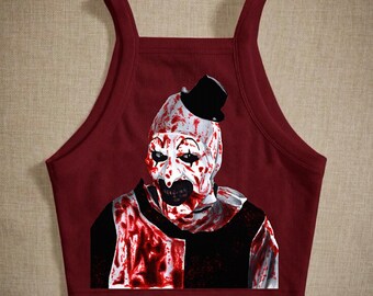 Graphic burgundy halter, crop top, horror tops.
