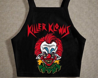 Graphic black halter, crop top, horror tops.