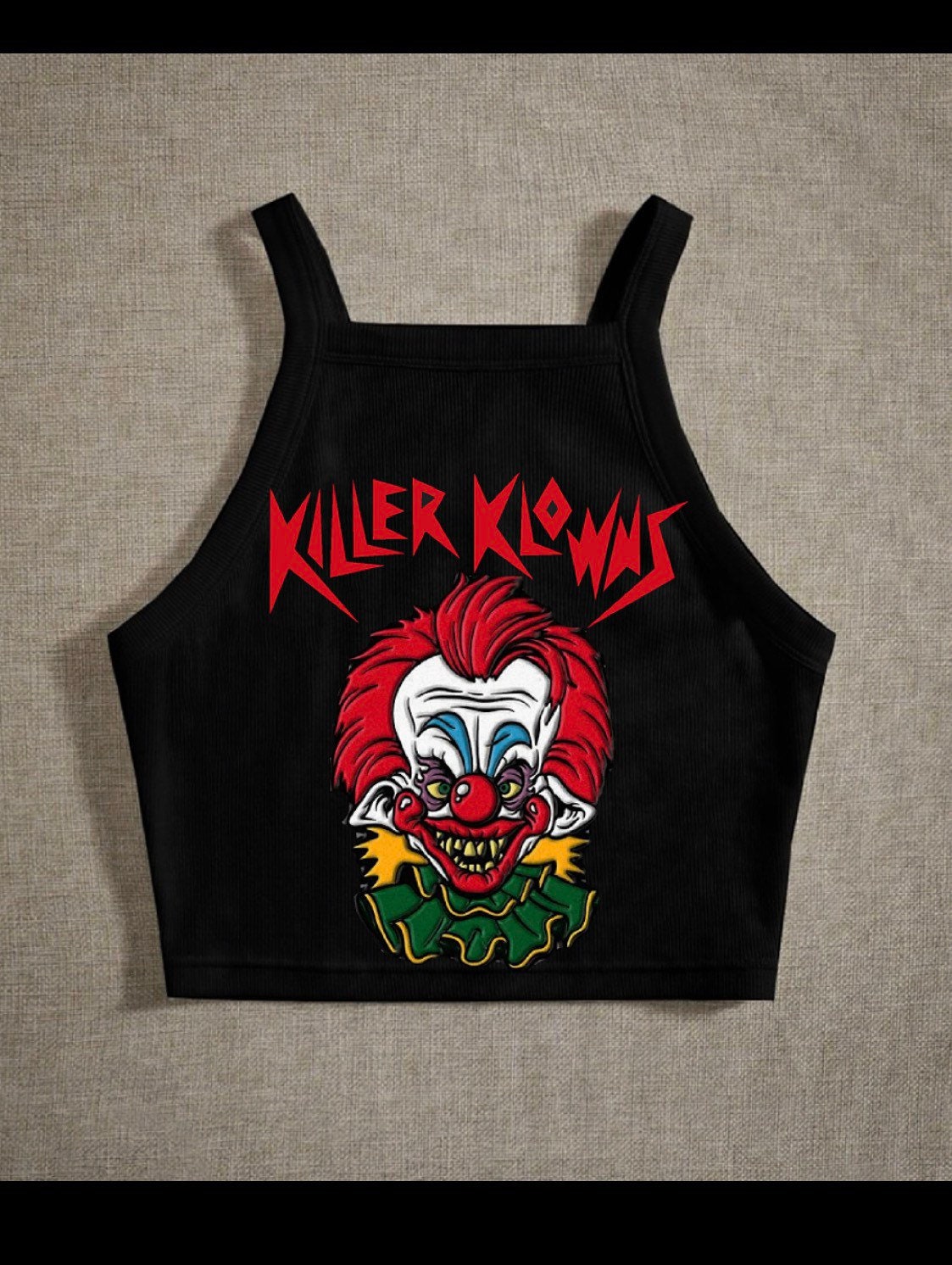 Graphic black halter, crop top, horror tops