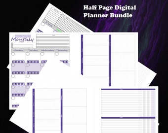 Printable planner digital bundle with monthly weekly spreads, water habit task goals trackers and gratitude journaling half-page undated