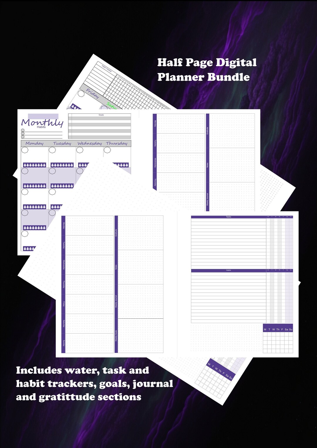Printable Planner Digital Bundle With Monthly Weekly Spreads, Water ...