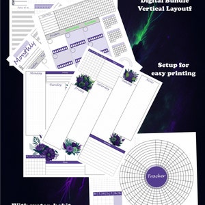 May include: Digital planner bundle with vertical layout. Includes monthly, weekly, and habit trackers. Features purple and white designs with floral accents. Text includes "Digital Bundle Vertical Layoutf" and "Setup for easy printing".