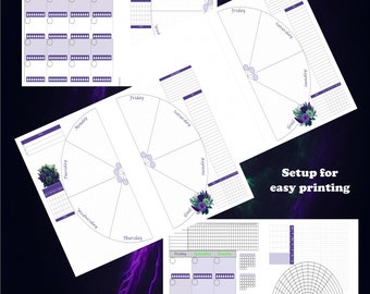 Printable undated planner bundle for half page agendas. Weekly, monthly spreads with habit, task, goal trackers, journaling, productivity.