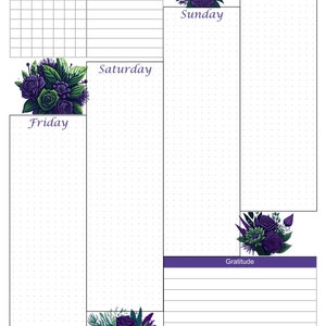 May include: A weekly planner with a purple and white design. The planner includes sections for tasks, notes, and gratitude. Floral illustrations in shades of purple and green decorate the pages. Days of the week are labeled.