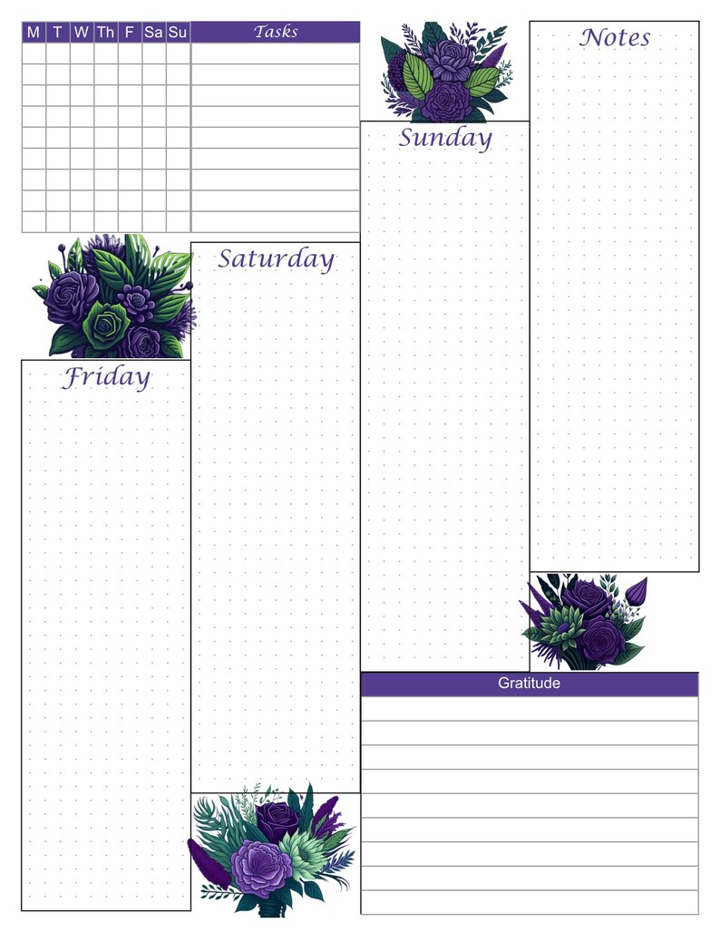 May include: A weekly planner with a purple and white design. The planner includes sections for tasks, notes, and gratitude. Floral illustrations in shades of purple and green decorate the pages. Days of the week are labeled.