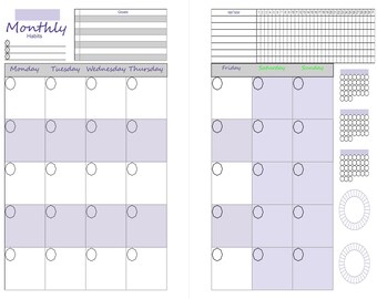 Half page undated planner monthly weekly spreads task/habit trackers organize, schedule for productivity.