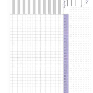 May include: A planner page with a grid for daily tracking, a section for trackables, and a calendar for the month. The page has a purple border with the word "Month:" and numbers 1-31. The top has a section with vertical gray stripes.