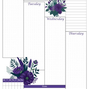 May include: A weekly planner with a floral design. The planner features sections for each day of the week, with the days of the week labeled in purple. The planner also includes sections for priority, to-do lists, and goals. The floral design includes purple and green flowers.