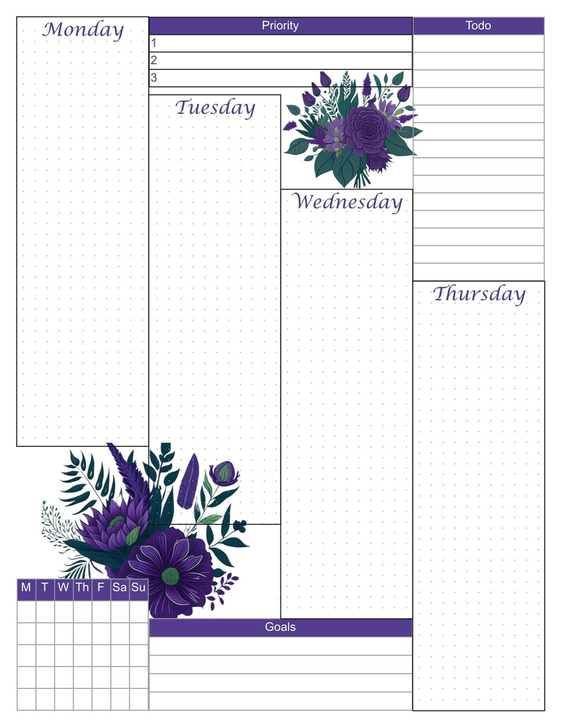 May include: A weekly planner with a floral design. The planner features sections for each day of the week, with the days of the week labeled in purple. The planner also includes sections for priority, to-do lists, and goals. The floral design includes purple and green flowers.