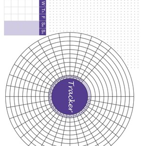 May include: A white planner page with a purple circular tracker, a weekly calendar, and a dotted grid. The circular tracker has a purple center with the word "Tracker" and numbers 1-31 around the edge.