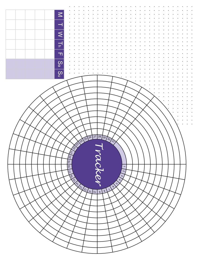 May include: A white planner page with a purple circular tracker, a weekly calendar, and a dotted grid. The circular tracker has a purple center with the word "Tracker" and numbers 1-31 around the edge.