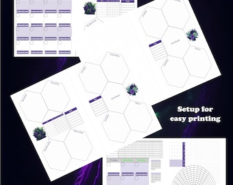 Printable undated planner bundle for half page agendas. Weekly and monthly spreads with habit, task, goal trackers journaling productivity.