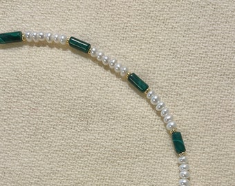 Malachite Pearl Necklace/ Half Pearl Necklace/ Malachite Choker/ Freshwater Pearl Necklace/ Gold Plated/ Gemstone