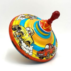Large Tin Litho Spinning Top With Hod Rod Cars | Ohio Art Metal Top With Wooden Handle