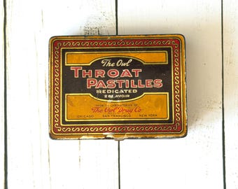 Antique The Owl Drug Co Throat Pastilles Tin | Vintage Apothecary  Medicated Tin