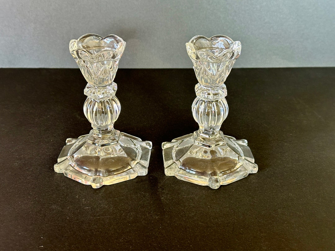 Vintage Clear Glass Candlestick Holders Etsy