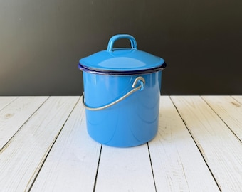 Vintage Italian Blue Enamel Lidded Pot with Lid and Bail Handle