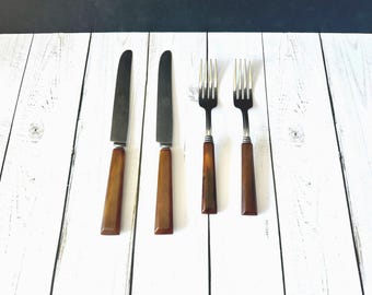 Royal Brand Brown Bakelite Flatware 4 Pcs 2 Knives 2 Forks | Vintage Flatware | Art Deco | Bakelite Handles