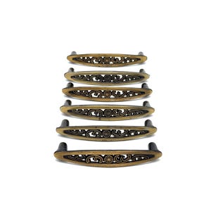1960s Brass Finish Drawer Pulls Set of 6, FIligree Scroll Cabinet Handles