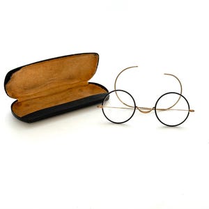 Vintage Windsor Eyeglasses Round Black Wire Rim Spectacles, 12K Gold Filled Shur On Glasses