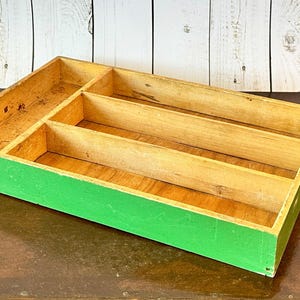 Vintage Wooden Flatware Tray Organizer, Wooden Desk Organizer, Green Silverware Tray