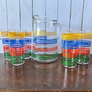 Mid-Century Anchor Hocking Fiesta Rainbow Striped Pitcher and Tumbler Set, MCM Drinkware, Summer Drinkware, Vintage Entertaining