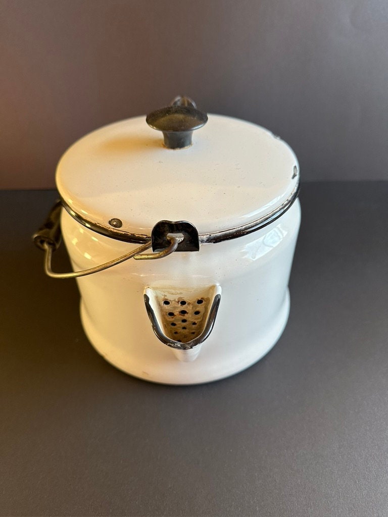 White Black Trim Enamelware Kettle Slanted Handle Black Wood Etsy