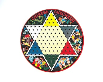 Mid-Century Steven Pixie Game Metal Chinese Checkers Board FOR DISPLAY ONLY, Double-Sided Litho Tin Checkerboard