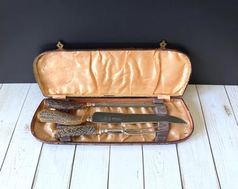 Vintage Sheffield England Stag Horn Carving Set - 3pc Mixed Maker Set in Case