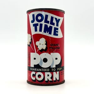 Jolly Time Popcorn Can Unopened | NOS Jolly Time Giant Yellow Hulless Popcorn Tin | 1950s Memorabilia