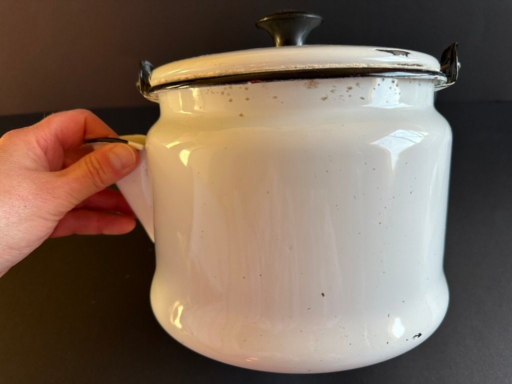 White Black Trim Enamelware Kettle Slanted Handle Black Wood Etsy