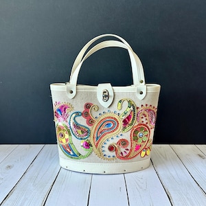 Enid Collins Style Paisley Bucket Purse | Mid-Century Handbag | General Crafts Jewel Tone Mini Bag