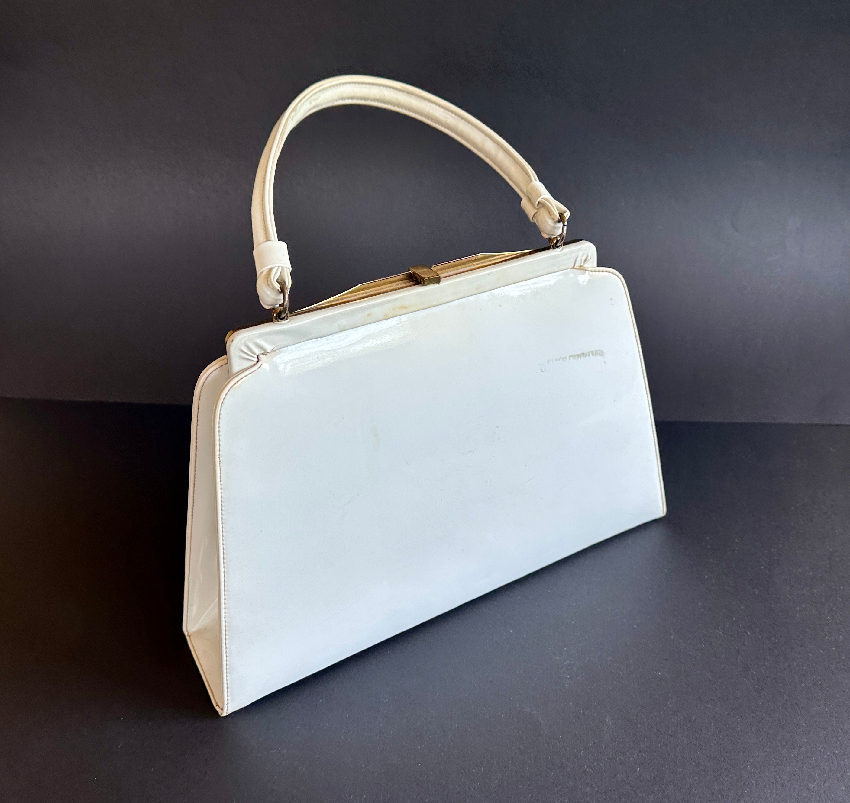 Vintage Lewis Purse, Inc. White Patent Vinyl Tophandle Handbag With