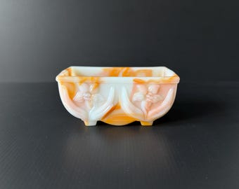 Akro Agate Slag Glass Planter #657 Creamsicle Orange and White Marbled Slag