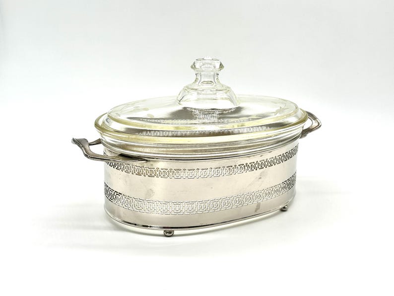 Antique Pyrex Oval Casserole Dish 294 in Royal Rochester Metal Holder ...