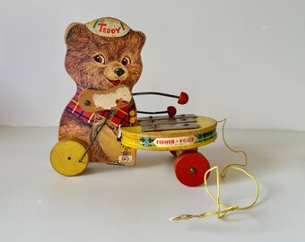 Vintage Teddy Zilo Fisher Price Wood Pull Toy